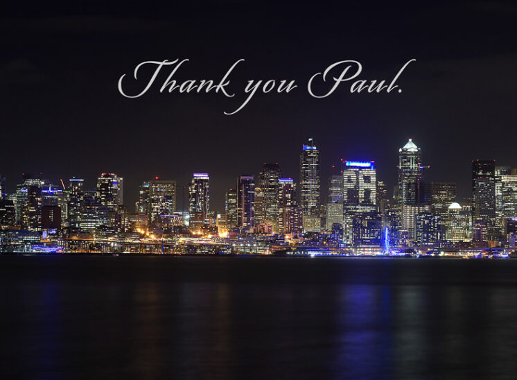 Seattle's tribute to Paul Allen Tribute, with the city turning Blue in gratitude, appreciation, and honor. Jerry and Lois Photography
