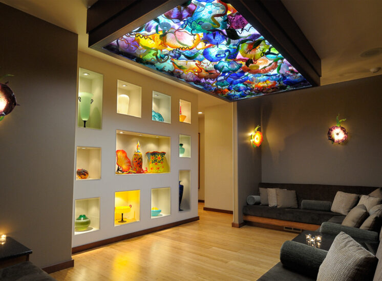 Featuring a Chihuly-inspired ceiling of fabulously illuminated glass, this was a room for therapeutic relaxation at a regional spa for a number of years. Jerry and Lois Photography