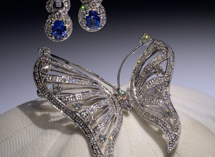 From a series shot with a custom-built, proprietary lighting system designed to capture the inner fire, fine jewelry sparkles for the camera. In this shot, the butterfly is sitting on a sea biscuit, with a pair of stunning tanzanite and diamond earrings. Jerry and Lois Photography